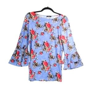 Cocomo Top Women's L Boat Neck Long Ruffle Sleeve Top Red Roses Sky Blue Boho